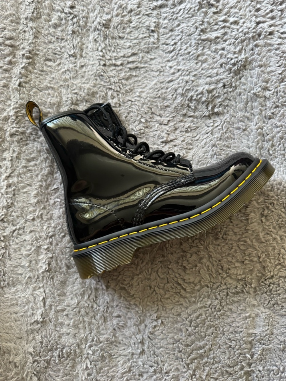 Dr. Martens Black Patent Lace-Up Combat Boots with Yellow Stitching - Picture 5 of 10